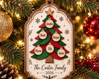 Adorno navideño de madera personalizado para la familia, recuerdo personalizado para el árbol, adorno de madera de 2 capas, regalo navideño familiar, decoración navideña 2026