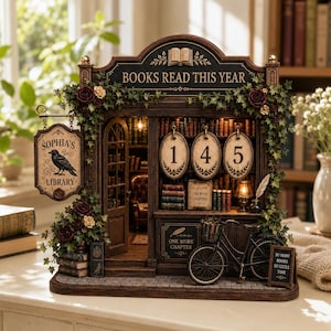 May include: A miniature library book nook featuring a dark wood storefront with the text "BOOKS READ THIS YEAR" and "SOPHIA'S LIBRARY" on a hanging sign. It includes a black bicycle, ivy, roses, and three oval plaques displaying the number 145.