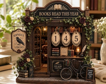 Contador de lectura personalizado, contador de lectura de madera, regalo para amantes de los libros, decoración de biblioteca estilo Dark Academia, rastreador de objetivos de lectura, regalo personalizado para lectores