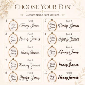Puede incluir: Una tabla digital titulada CHOOSE YOUR FONT y Custom Name Font Options, que muestra diez ejemplos numerados del nombre Henry James en distintos estilos tipogr&aacute;ficos negros, cada uno acompa&ntilde;ado por una peque&ntilde;a ilustraci&oacute;n de un bastidor de bordado ovalado.