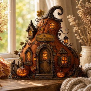 Puede incluir: Una casa decorativa con forma de calabaza titulada The Pumpkin Cottage, que presenta una parte superior con tallo curvado, m&uacute;ltiples ventanas iluminadas, una puerta central arqueada y peque&ntilde;as calabazas talladas en la base, con detalles de enredaderas.