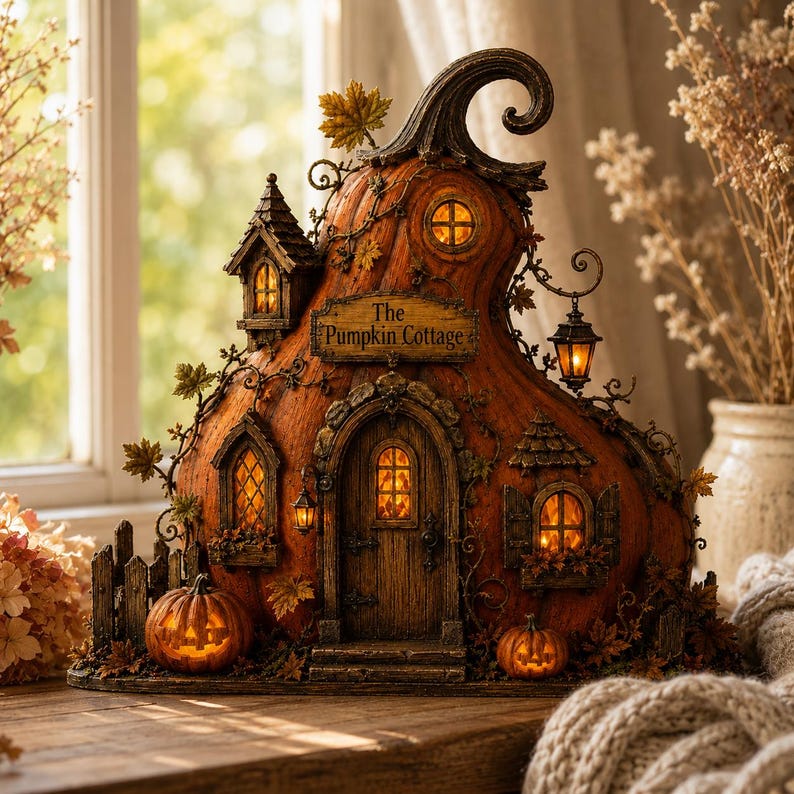 Puede incluir: Una casa decorativa con forma de calabaza titulada The Pumpkin Cottage, que presenta una parte superior con tallo curvado, m&uacute;ltiples ventanas iluminadas, una puerta central arqueada y peque&ntilde;as calabazas talladas en la base, con detalles de enredaderas.