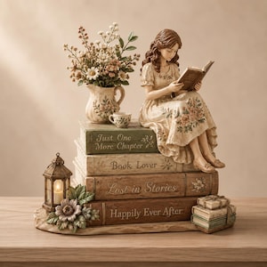 May include: A decorative figurine of a person with brown hair reading a book while sitting on a stack of four books labeled Just One More Chapter, Book Lover, Lost in Stories, and Happily Ever After, with a floral pitcher, cup, and lantern.