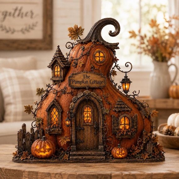 Custom Pumpkin Cottage Wooden Block, Halloween House Decor, Rustic Fall Tabletop Sign, Autumn Shelf Decor, Spooky Pumpkin Cottagecore Gift