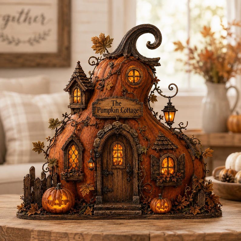 Puede incluir: Una escultura decorativa en forma de calabaza titulada The Pumpkin Cottage, con un exterior naranja texturizado, ventanas iluminadas, una puerta central arqueada, una linterna colgante y peque&ntilde;as calabazas talladas en la base.