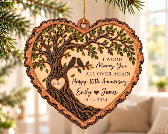 Adorno de madera personalizado para aniversario, recuerdo en forma de corazón con los nombres de la pareja, regalo de Navidad de madera de 2 capas, decoración para el árbol de aniversario de bodas.