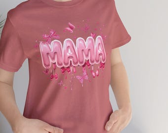 -shirt graphique fluo Mama | Graphisme coeur papillons roses