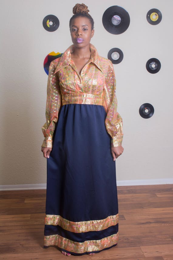70's Long Gold Metallic Evening Dress