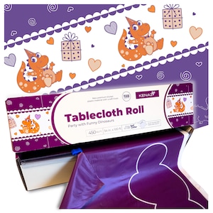 May include: A roll of purple tablecloth with a repeating pattern of orange dinosaurs, gift boxes, and hearts. The box reads "Tablecloth Roll" and "Party with Funny Dinosaurs". The roll is 54 inches wide and 100 feet long.