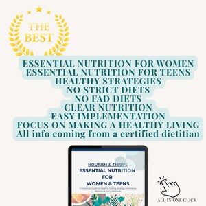 Könnte beinhalten: Bild zur Förderung der essentiellen Ernährung für Frauen und Teenager. Der Text enthält "Gesunde Strategien", "Keine strengen Diäten" und "Einfache Umsetzung". Ein Tablet zeigt ein Buchcover mit dem Titel "Essential Nutrition for Women & Teens".