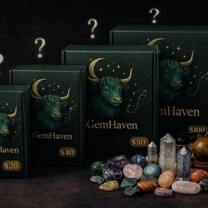 May include: A collection of dark green boxes featuring a bull illustration and the text "GemHaven". The boxes, priced in dollars, are surrounded by crystals and a small bag. Question marks are above the boxes.