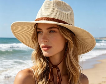 Sombrero de paja estilo Panamá para mujer (sombrero de playa resistente al viento) — Un regalo para mamá