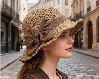 Damski kapelusz przeciwsłoneczny ze słomy tkanej – kapelusz typu bucket z podwiniętym rondem, składany dodatek podróżny