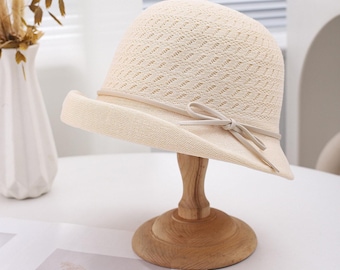 Cappello da sole estivo da donna in paglia con fiocco decorativo – Copricapo per le vacanze al mare