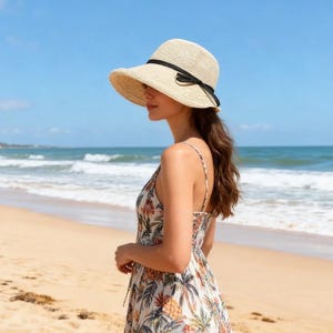Women's Wide Brim Straw Hat, Sun Protection, Breathable Beach Summer Vacation Hat