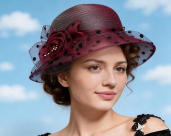 Women's Organza Derby Hat — Flower-Adorned Sun Hat — A Gift for Mom or Your Girlfriend