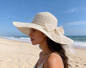 Women's Straw Sun Hat — Wide-Brimmed Beach Hat with Bow Accent — A Gift for Mom