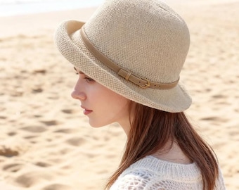 Women's summer knitted breathable fisherman's hat, travel rolled brim sun hat, a gift for mom.