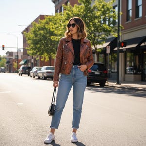 Puede incluir: Una mujer con una chaqueta de cuero marrón con estampado de piel de serpiente, una camiseta negra, vaqueros azul claro, zapatillas blancas y gafas de sol está en una calle de la ciudad. Lleva un bolso negro. La chaqueta tiene cierre de cremallera.