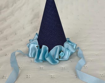 Handcrafted Navy Polka Dot Fabric Party Hat – Blue Satin Ribbon, Reusable Celebration Headwear