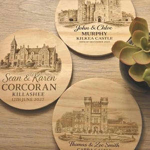 Personalised Wedding Venue Coasters | Engraved Wooden Wedding Favours | Custom Guest Gifts & Table Decor