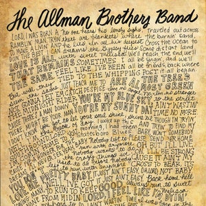 The Allman Brothers Band Lyrics and Quotes - 8x10 handdrawn and handlettered print on antiqued paper rock music lyrics