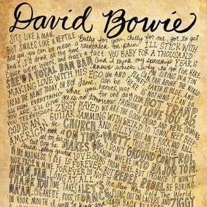 David Bowie/Ziggy Stardust Lyrics and Quotes 8x10 handdrawn and handlettered printed on antiqued paper rock music lyrics image 1