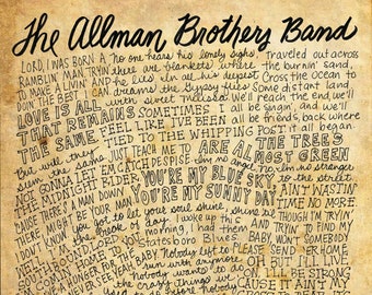 The Allman Brothers Band Lyrics and Quotes - 8x10 handdrawn and handlettered print on antiqued paper rock music lyrics