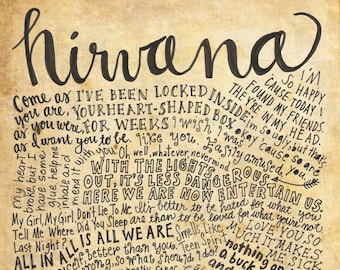 Nirvana Lyrics and Quotes - 8x10 handdrawn and handlettered print on antiqued paper rock music lyrics