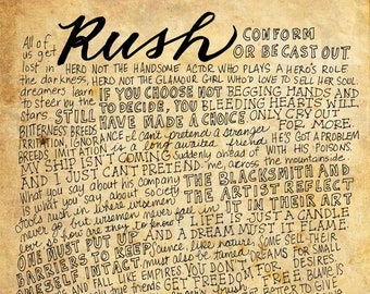 Rush Lyrics and Quotes - 8x10 handdrawn and handlettered print on antiqued paper rock music lyrics