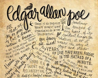 Edgar Allan Poe Quotes - 8x10 handdrawn and handlettered printed on antiqued paper