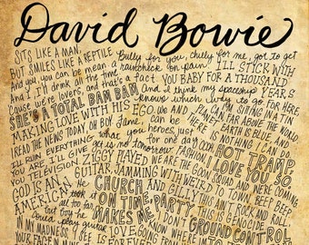 David Bowie/Ziggy Stardust Lyrics and Quotes - 8x10 handdrawn and handlettered printed on antiqued paper rock music lyrics