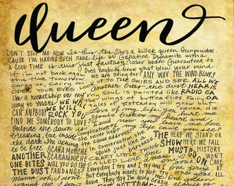 Queen Lyrics and Quotes - Freddie Mercury 8x10 handdrawn and handlettered print on antiqued paper rock music lyrics