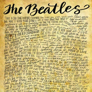The Beatles Lyrics and Quotes - Yellow Submarine Hey Jude 8x10 handdrawn and handlettered print on antiqued paper rock music lyrics
