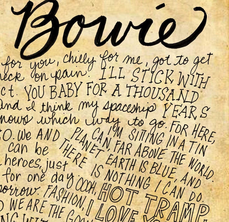 David Bowie/Ziggy Stardust Lyrics and Quotes 8x10 handdrawn and handlettered printed on antiqued paper rock music lyrics image 2