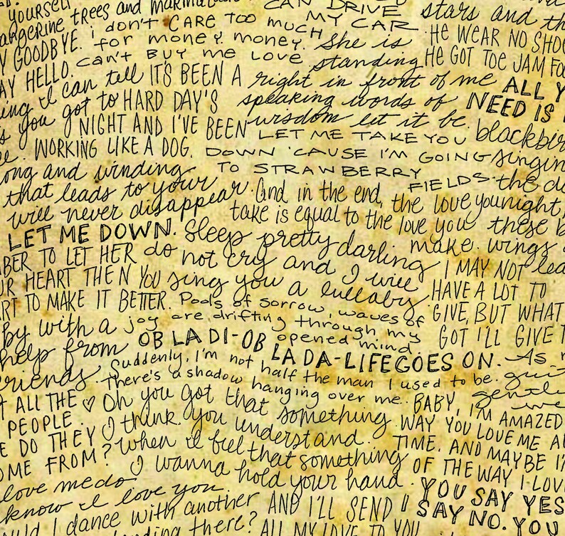 The Beatles Lyrics and Quotes Yellow Submarine Hey Jude 8x10 handdrawn and handlettered print on antiqued paper rock music lyrics image 3