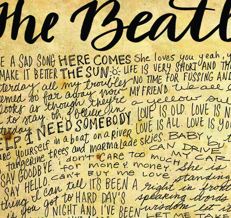 The Beatles Lyrics and Quotes Yellow Submarine Hey Jude 8x10 handdrawn and handlettered print on antiqued paper rock music lyrics image 2