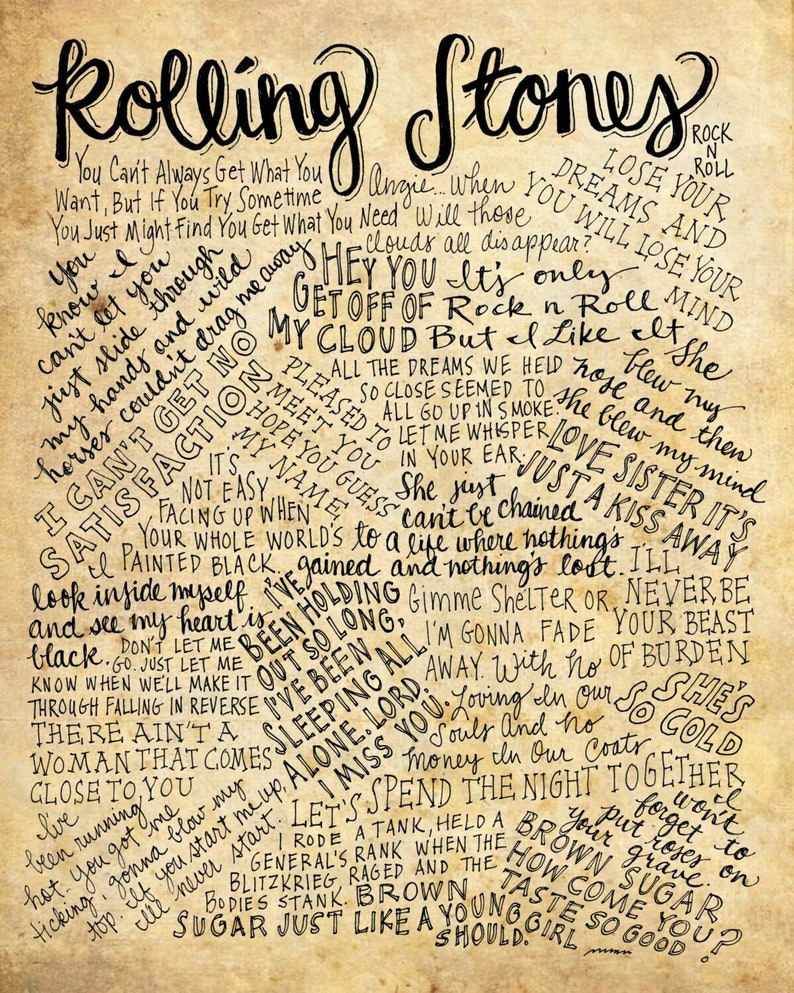 Rolling Stones Lyrics and Quotes 8x10 handdrawn and handlettered print on antiqued paper rock music lyrics image 1