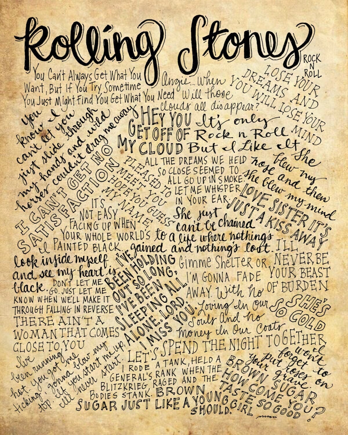 Rolling Stones Lyrics and Quotes 8x10 Handdrawn and Etsy