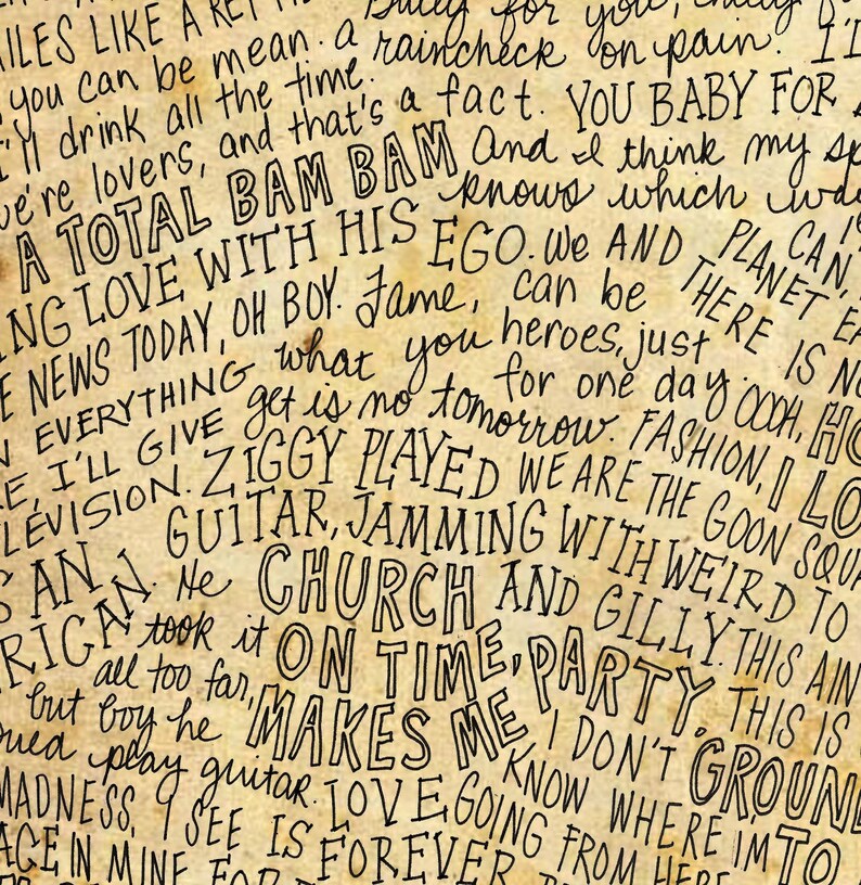 David Bowie/Ziggy Stardust Lyrics and Quotes 8x10 handdrawn and handlettered printed on antiqued paper rock music lyrics image 5