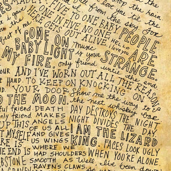 The Doors Lyrics And Quotes 8x10 Handdrawn And Handlettered Printed On Antiqued Paper