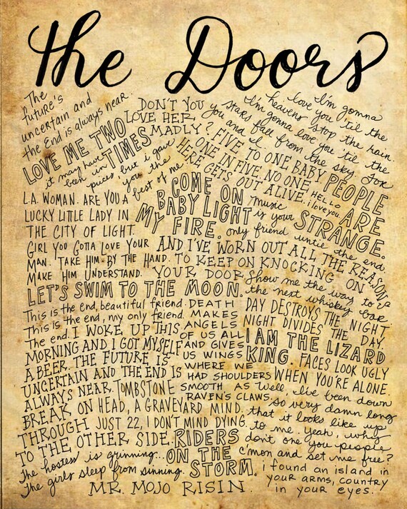 The Doors Lyrics And Quotes 8x10 Handdrawn And Handlettered Printed On Antiqued Paper