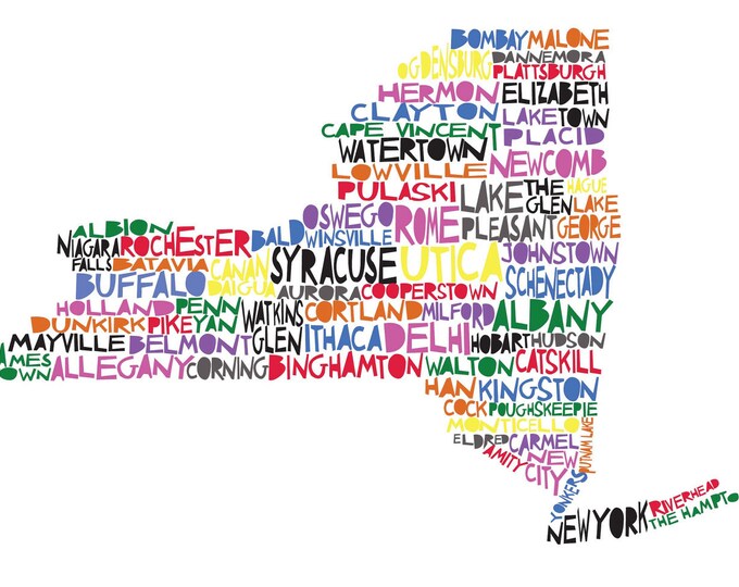 NEW YORK State Map With Cities Listed Digital Illustration Etsy