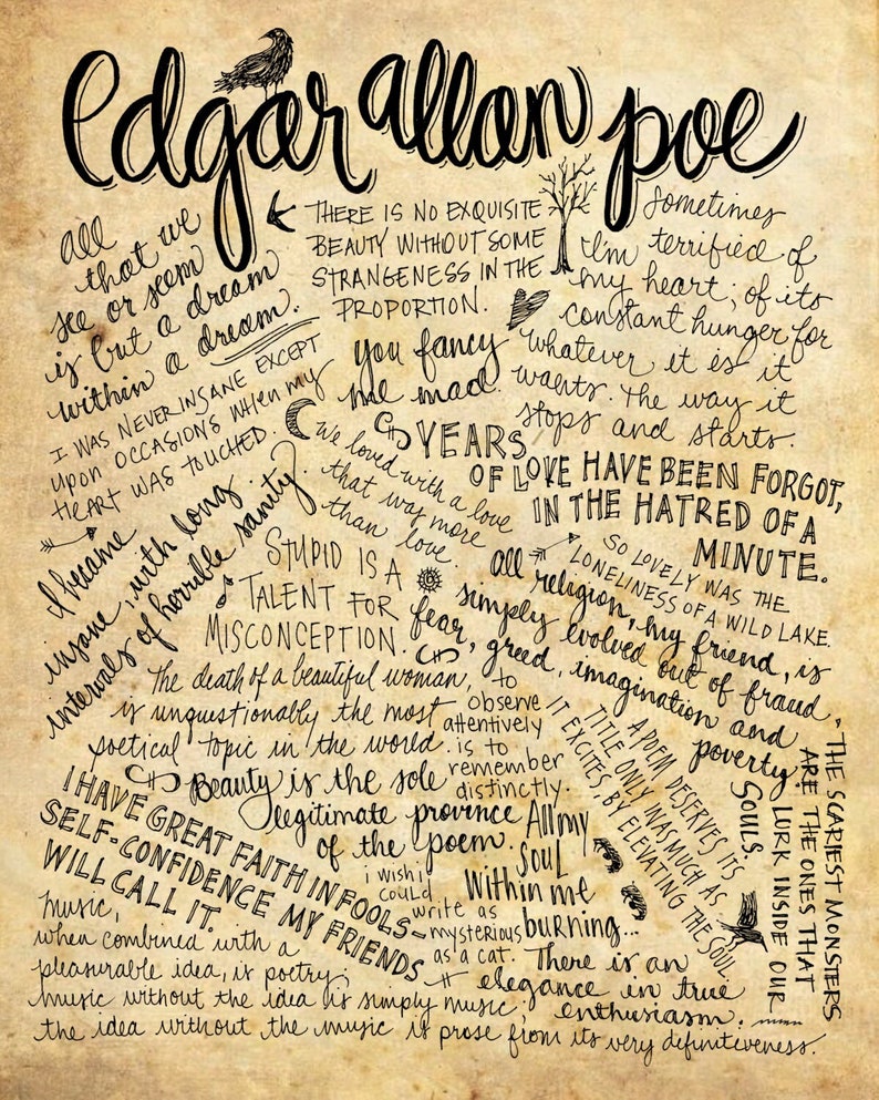 Edgar Allan Poe Quotes 8x10 handdrawn and handlettered printed on antiqued paper image 1