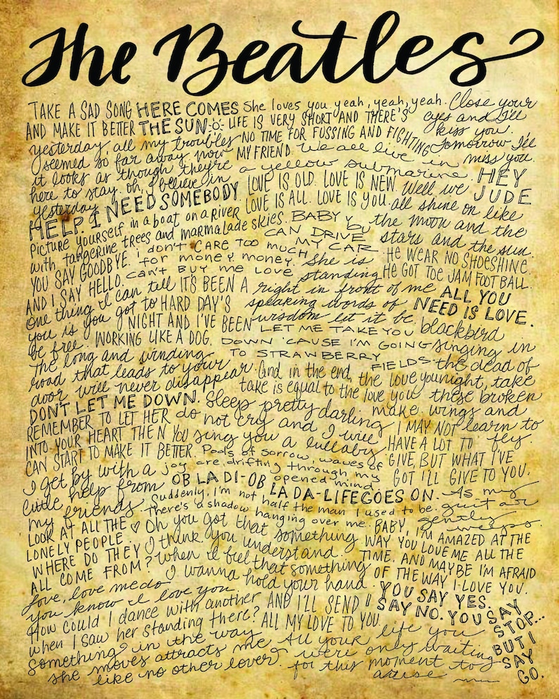 The Beatles Lyrics and Quotes Yellow Submarine Hey Jude 8x10 handdrawn and handlettered print on antiqued paper rock music lyrics image 1