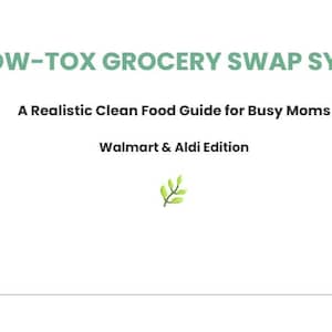May include: White background with text: "THE LOW-TOX GROCERY SWAP SYSTEM", "A Realistic Clean Food Guide for Busy Moms", and "Walmart & Aldi Edition". A small green leaf illustration is centered below the text.
