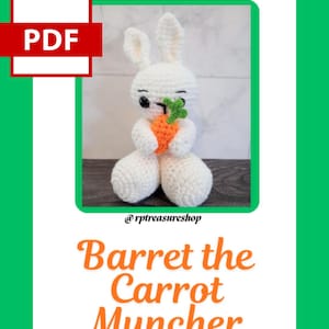 May include: A white crochet bunny holding an orange carrot with green leaves. The bunny has black eyes and is sitting. The text "Barret the Carrot Muncher" is in orange below the bunny. The image is in a green frame.