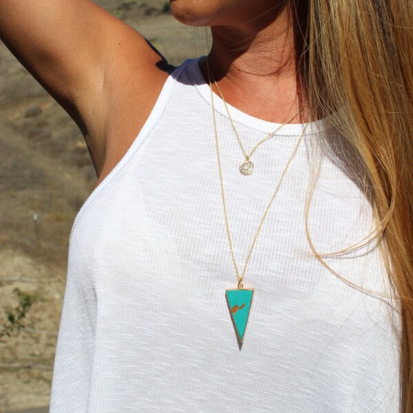 The Jessie Necklace: Double Chain with triangle Turquoise Pendant and gold crystal round charm