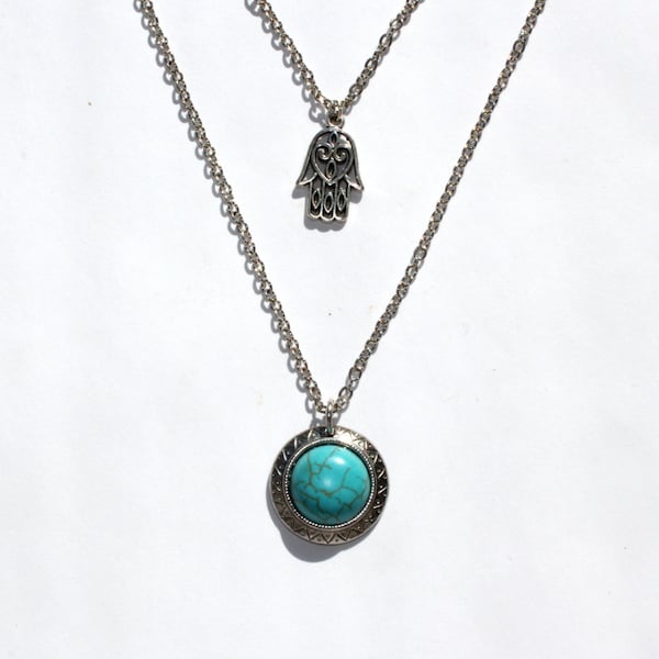 Baya Necklace: Double chain Turquoise pendant with Hamsa Charm