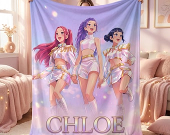 Cute Custom Anime Girl Blanket Personalized Name Flannel Throw Kawaii Kpop Idol Room Decor Magical Girls Gift for Teen Daughter Otaku